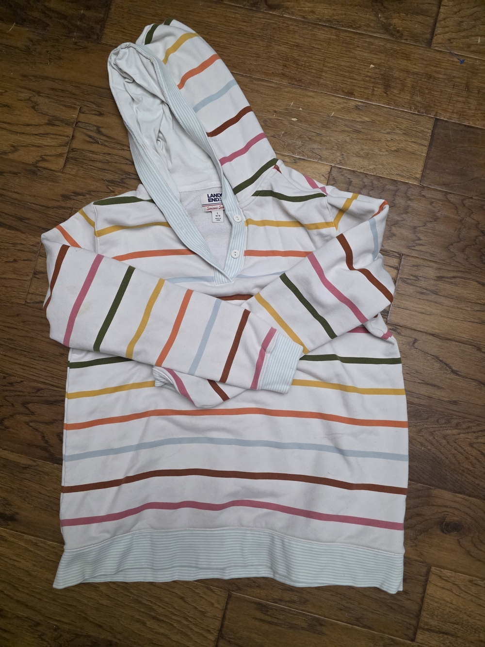 Lands' End White Hooded Pullover with Multicolor Stripes